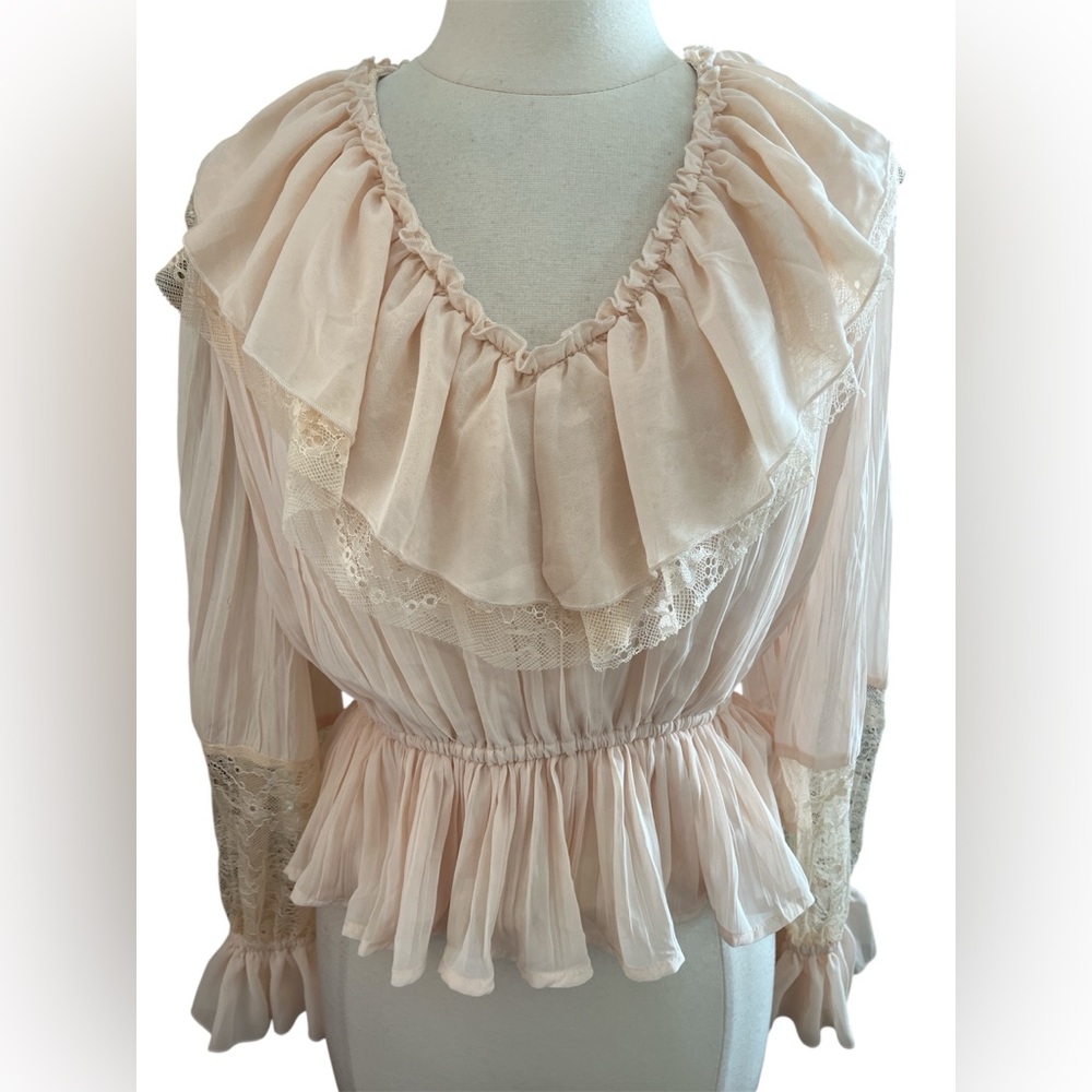 Caroline Constas Spring Summer Peach Blush Ruffle Lace Bohemian Blouse Size M